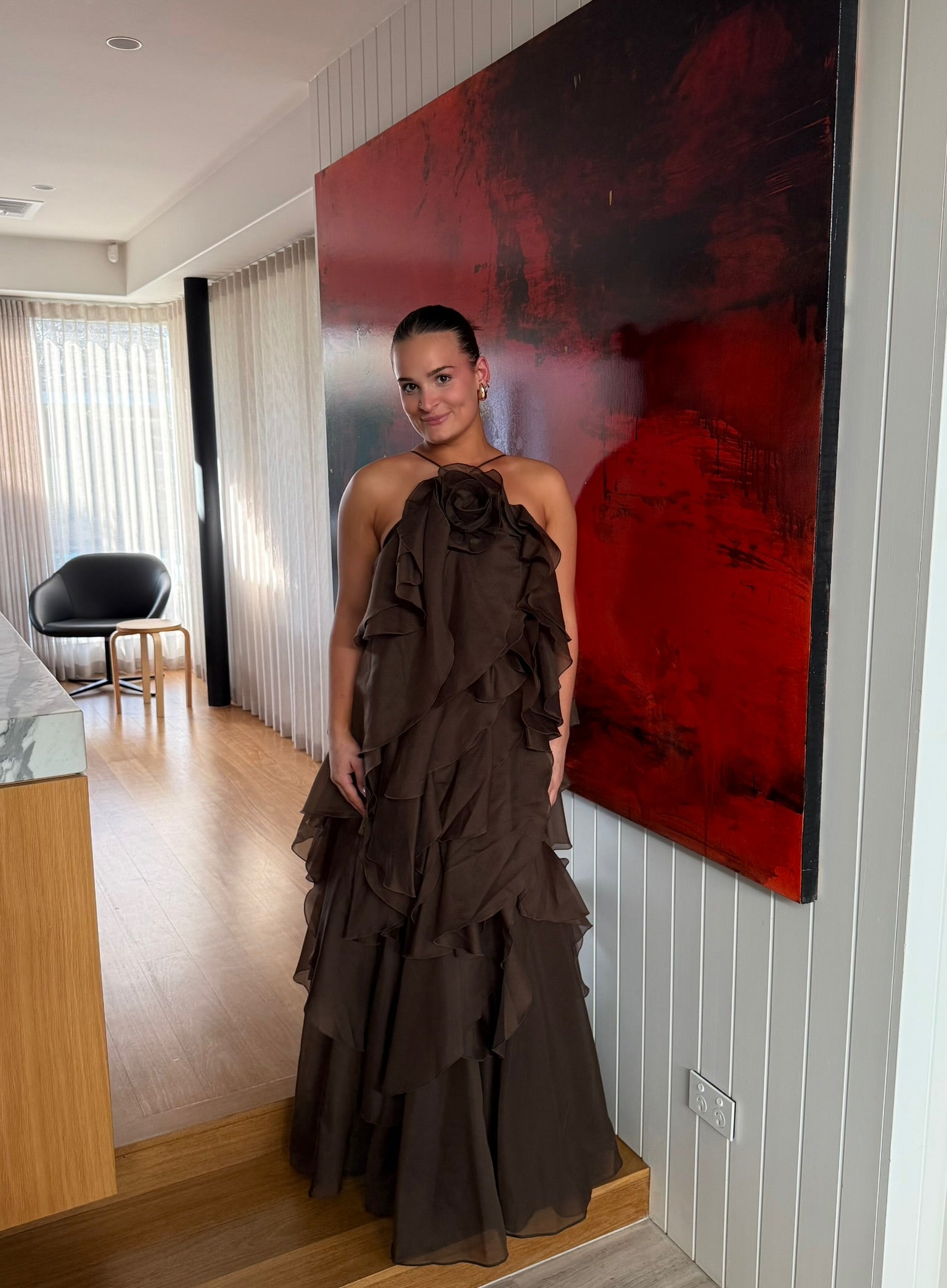 Aje Pandorea Layered Maxi Dress in Brown HONEY HIRE BOUTIQUE Aje Pandorea Layered Maxi Dress in Brown HONEY HIRE BOUTIQUE