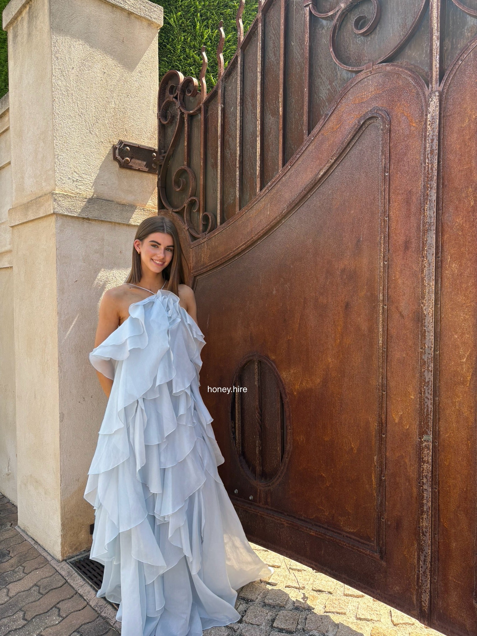aje pandorea layered maxi dress blue in – HONEY HIRE BOUTIQUE gold satin maternity dress for photo shoot