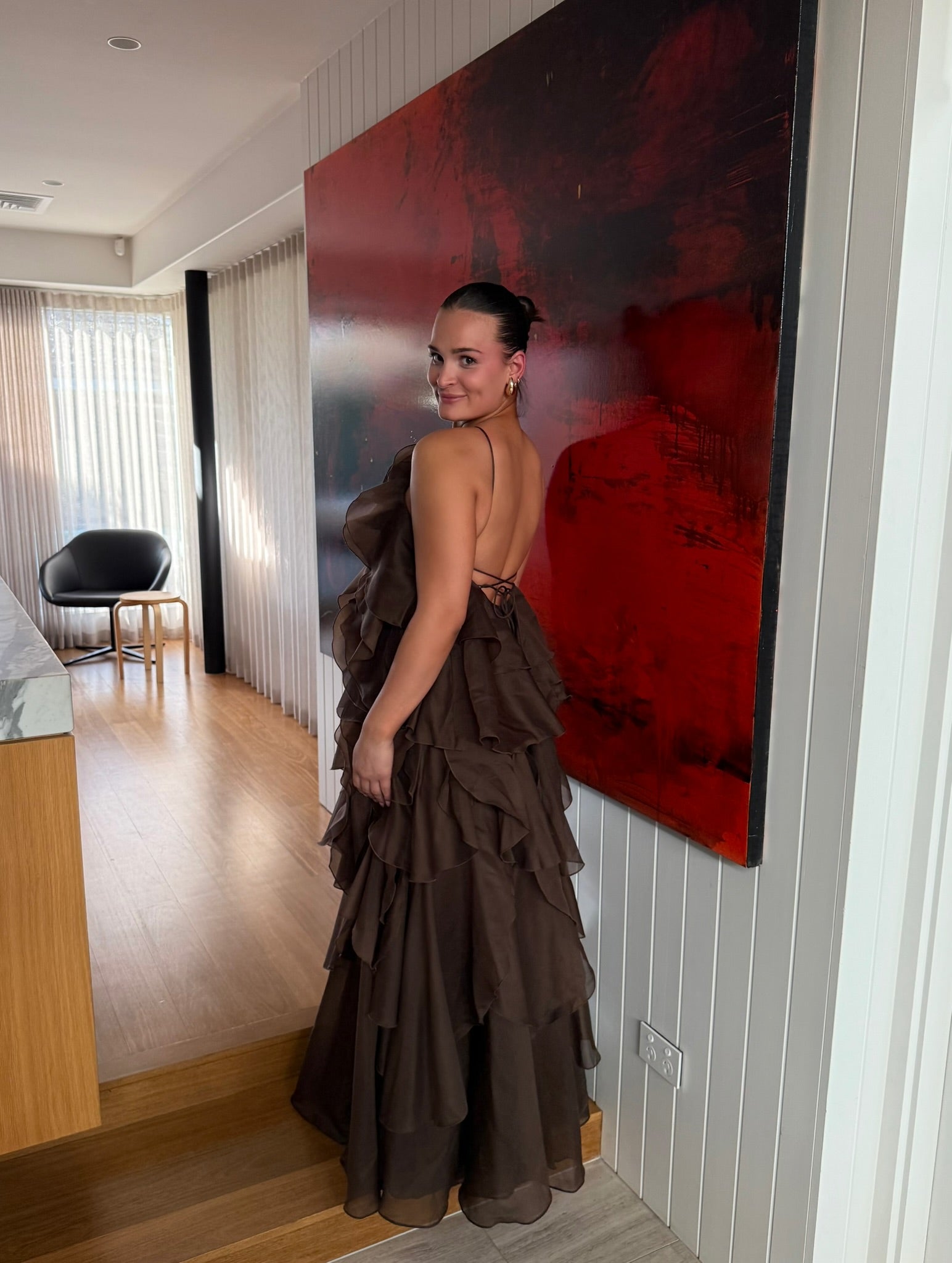 Aje Pandorea Layered Maxi Dress in Brown HONEY HIRE BOUTIQUE Aje Pandorea Layered Maxi Dress in Brown HONEY HIRE BOUTIQUE