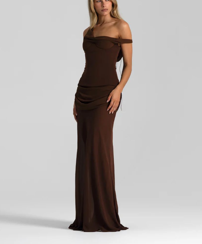 natalie rolt off the shoulder dress Natalie Rolt Cadence Gown in Espresso – HONEY HIRE BOUTIQUE